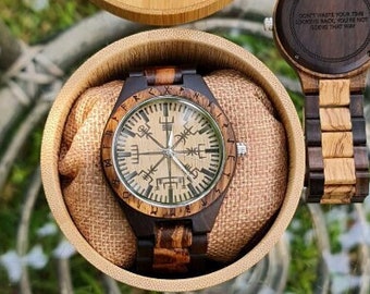 Engraved Wooden Watch, Groomsmen Watch, Personalized Watch, Vikings Watch, Vegvisir, Compass, Norse Jewelry, Engraved Compass, Wooden Watch