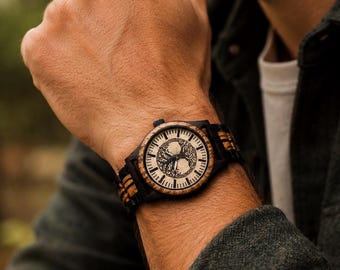 Norse Tree Of Life Engraved Wooden Watch, Fathers Day Gift, Viking Gift for Men, Norse Jewelry, Personalized Boyfriend Gift, 5th Anniversary