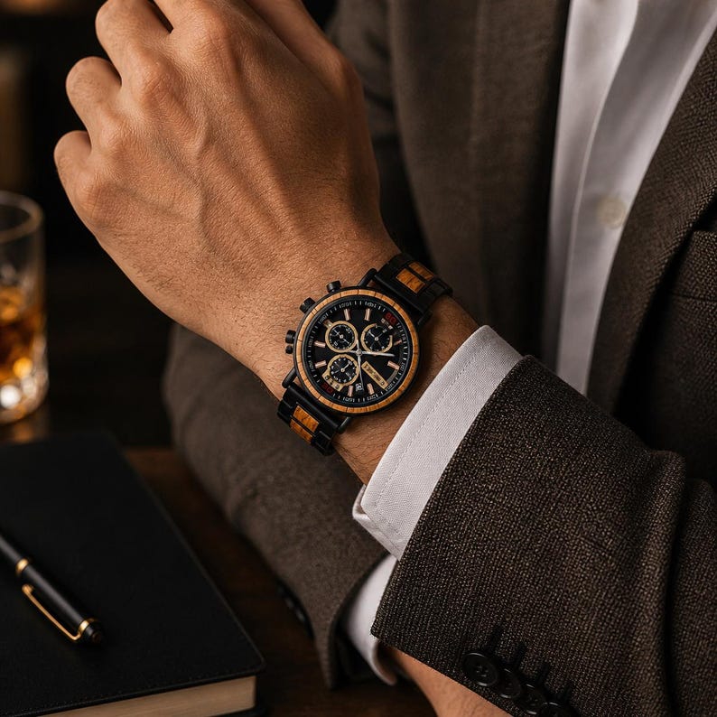 Puede incluir: Un reloj de pulsera de madera con esfera negra y correa de madera y negra se muestra en la mu&ntilde;eca de una persona. El reloj tiene tres subesferas y una ventana de fecha. La persona lleva una chaqueta de traje marr&oacute;n y una camisa blanca.