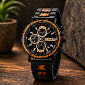 Puede incluir: Reloj de pulsera negro con bisel y detalles de madera. La esfera del reloj es negra con subesferas y agujas doradas. La correa del reloj es negra con incrustaciones de madera. El texto "VIKINGAHWS" es visible.