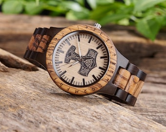 Thor&#39;s Hammer Mjolnir Engraved Wooden Watch, Viking Jewelry, Mjolnir, Engraved Gifts For Him, Personalized Watch, Gifts For Men, Odin Symbol