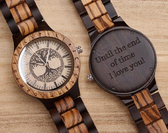 Norse Tree Of Life Yggdrasil Engraved Wooden Watch, Personalized Gift For Men, Anniversary Gift, Watches For Men, Personalized Wooden Watch