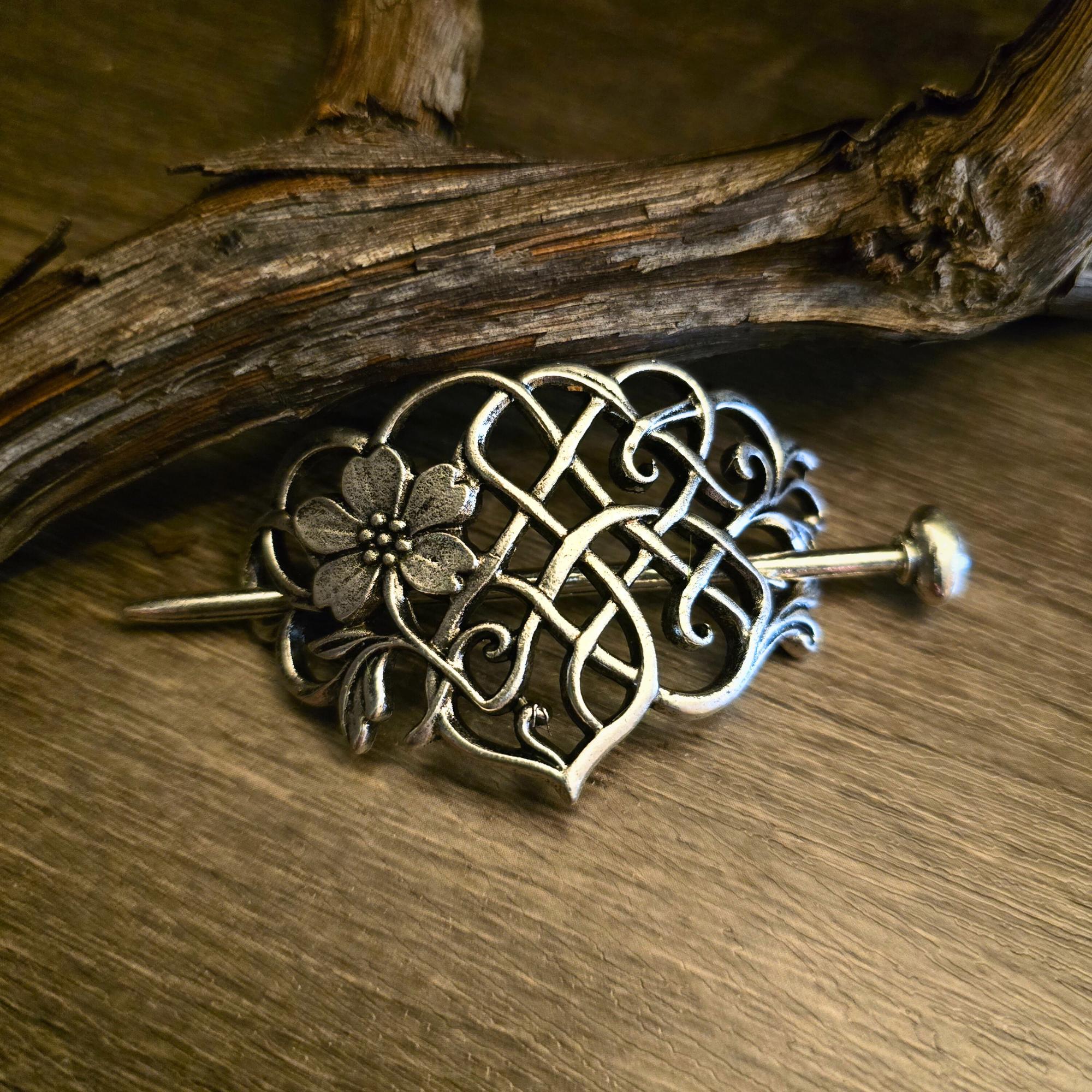 Bronze Viking Hair Pin Floral Celtic Thistle Raven Boar Medieval Accessory Celtic Raven Crystal Kilt Pin – Celtic Crystal Design Jewelry main image 4