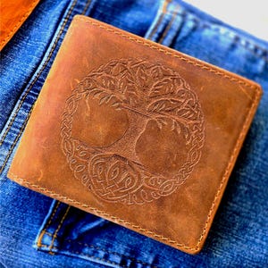 Cartera de cuero para hombre con grabado del Árbol de la Vida, regalos vikingos, regalos personalizados para él, regalo del Día del Padre, regalos para novios, regalos para padrinos de boda