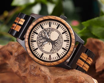 Engraved Wooden Watch with Norse Yggdrasil Tree of Life, Personalized Gifts for Men, Viking Jewelry, Anniversary Gifts, Valentines Day Gifts