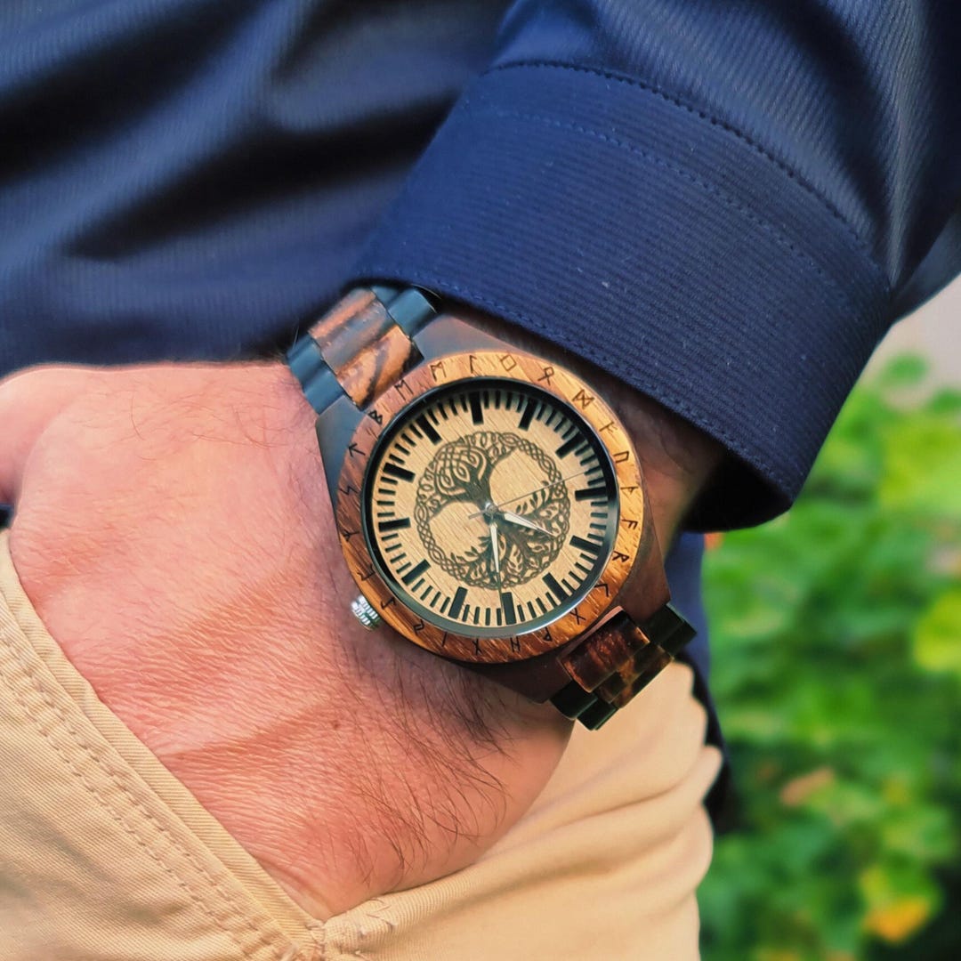 Men's Engraved Wooden Watch, Norse Tree Of Life Wood Watch