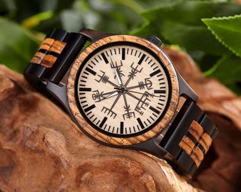 Engraved Viking Compass Wooden Watch, Vikings Watch, Personalized Gift For Men, Norse Jewelry, Christmas Gifts, 5th Anniversary Gifts, Watch