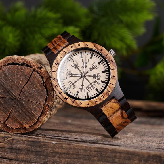 Engraved Viking Compass Wooden Watch, Viking Gift, Medieval Gifts