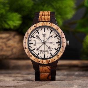 Engraved Viking Compass Wooden Watch, Vikings Watch, Personalized Gift For Men, Norse Jewelry, Christmas Gifts, 5th Anniversary Gifts, Watch