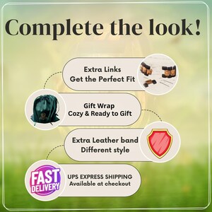 K&ouml;nnte beinhalten: Bild mit dem Text "Vervollst&auml;ndigen Sie den Look!" und Produkteigenschaften: zus&auml;tzliche Glieder, Geschenkverpackung und zus&auml;tzliches Lederband. Ein gr&uuml;ner Kordelzugbeutel wird zusammen mit anderem Produktzubeh&ouml;r gezeigt. Das Bild enth&auml;lt auch ein "Schnelle Lieferung"-Symbol.