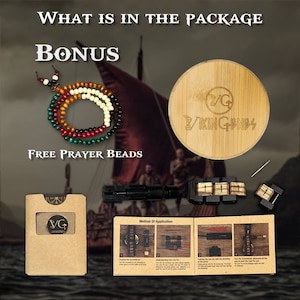May include: A wooden Viking Games puzzle with a wooden base and a set of instructions. The puzzle is made of small wooden blocks that fit together to create a design. The puzzle is packaged in a brown cardboard box with a Viking Games logo. The package also includes a set of free prayer beads.