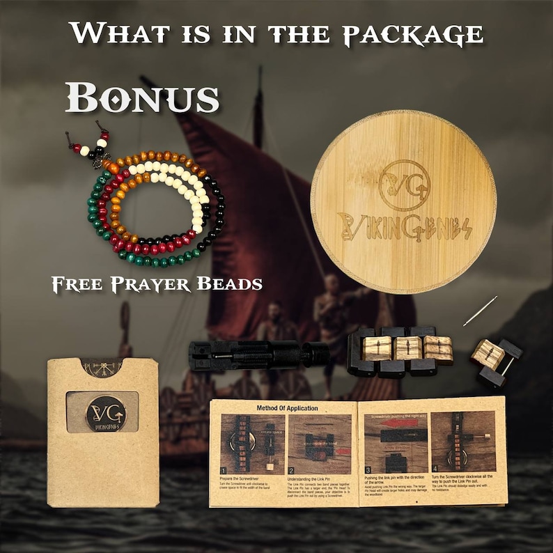 May include: A wooden Viking Games puzzle with a wooden base and a set of instructions. The puzzle is made of small wooden blocks that fit together to create a design. The puzzle is packaged in a brown cardboard box with a Viking Games logo. The package also includes a set of free prayer beads.