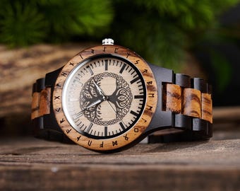 Norse Tree Of Life Yggdrasil Engraved Wooden Watch, Personalized Gift For Men, Anniversary Gift, Watches For Men, Christmas Boyfriend Gifts