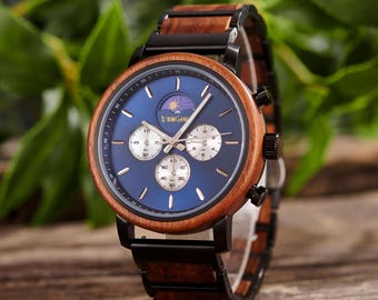 Armbanduhr aus Holz mit Gravur für Herren, personalisierte Armbanduhr aus Holz in blau, Luxusarmbanduhr für die Mondphase, Jubiläumsgeschenk, Geburtstag, Weihnachtsgeschenk