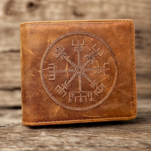 Cartera de cuero con brújula vikinga personalizada, regalo único para hombre, regalos vikingos, brújula, cartera grabada, regalo personalizado, regalos para el Día del Padre