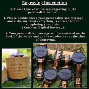 May include: Four wooden watches with personalized engravings. The watches have black faces and brown wooden bands. The engravings include "Until The End Of Time I Love You Alison 8.3.22", "I love you more every minute. xoxo, Emma", "From This Moment On Heather", and "Happy Birthday My Love 23.4.24".