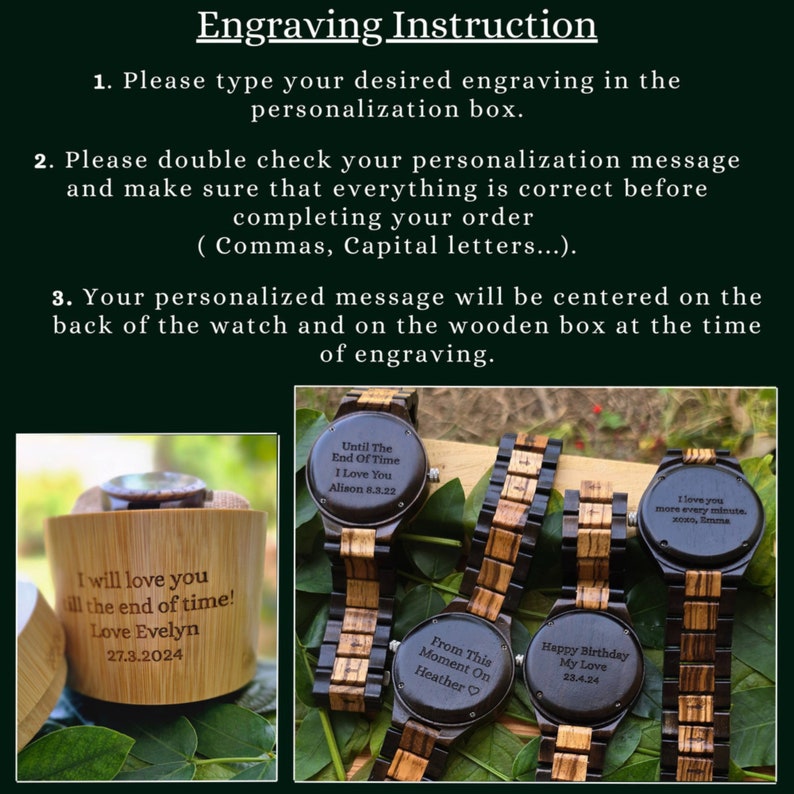May include: Four wooden watches with personalized engravings. The watches have black faces and brown wooden bands. The engravings include "Until The End Of Time I Love You Alison 8.3.22", "I love you more every minute. xoxo, Emma", "From This Moment On Heather", and "Happy Birthday My Love 23.4.24".