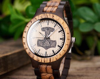 Thor's Hammer Mjolnir Engraved Wooden Watch For Man, Viking Jewelry, Engraved Gifts For Him, Personalized Wood Watch, Viking Lover Gifts