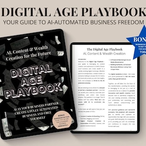 Könnte beinhalten: Ein digitales Buchcover mit schwarzem Hintergrund und einem weißen Titel "Digital Age Playbook" mit dem Untertitel "AI Content & Wealth Creation for the Future". Das Cover zeigt eine digitale Illustration von Geld, das vom Himmel fällt. Das Buch wird als Leitfaden für die KI-gestützte Automatisierung der unternehmerischen Freiheit beschrieben.