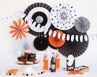 Classic Halloween Party Fans and Boo Banner, Ghost banner and paper lollies, Halloween backdrop, kids halloween decor, Orange white & Black