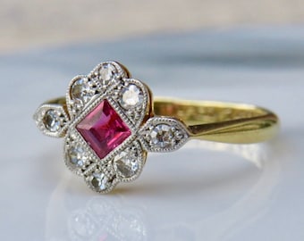 Art Deco 18ct Gold Old Cut Ruby and Diamond Cluster Ring