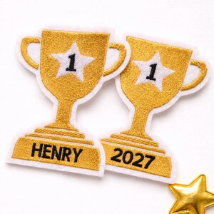 Fußball-Trophäe-Patch | Fußball Pokal Applikation | Trophäe Aufnäher Fußball | Besticke Applikation Schulkind 2027 | Schultüte Zubehör