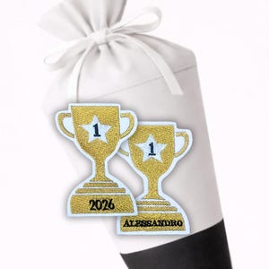 Fußball-Trophäe-Patch | Fußball Pokal Applikation | Trophäe Aufnäher Fußball | Besticke Applikation Schulkind 2026 | Schultüte Zubehör