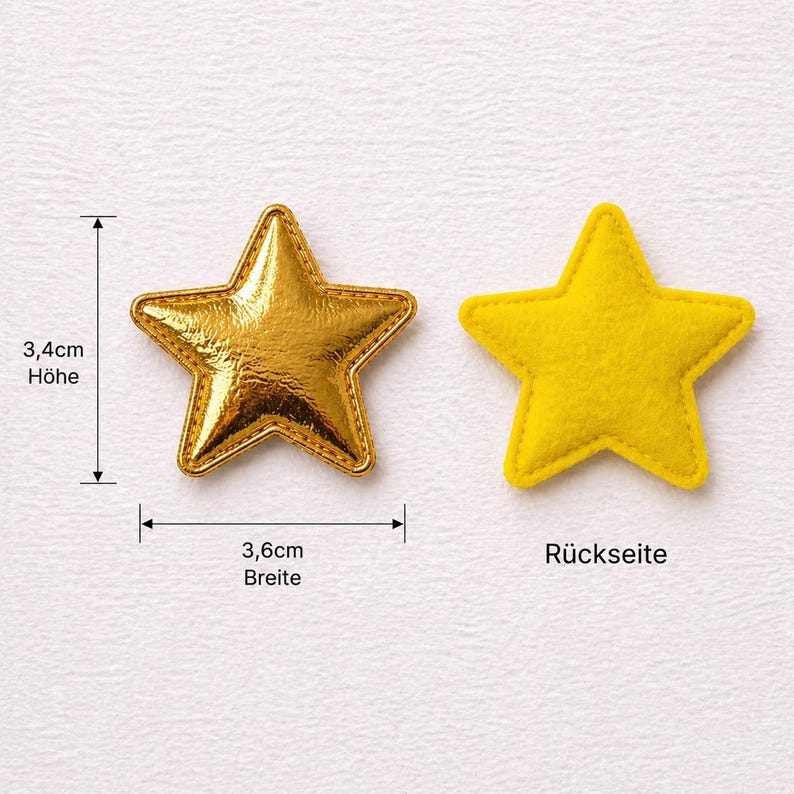 May include: Two star-shaped patches. One is metallic gold with stitched edges, measuring 3.4 cm in height and 3.6 cm in width. The other is a plain yellow felt star labeled as the reverse side. Both items are displayed on a white surface.