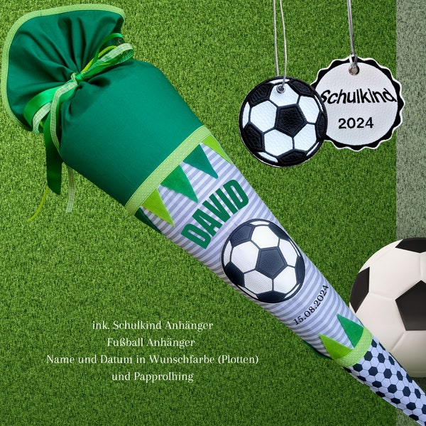 Schultüte grün Fußball ink. Fussball Anhänger, Schulkind Anhänger, Name in Vinyl Wunschfarbe, Papprohling, komplettes Schultüte  Fußball-Set