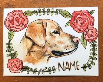 Illustrative Watercolor Pet Painting W/Roses | Custom Pet Portrait