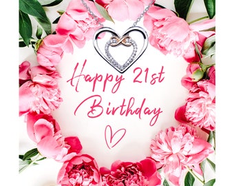 21st Birthday Gift For Her - Heart within Heart Silver and Rose Gold Zircon Necklace with Unique Message Card "Happy 21st Birthday"