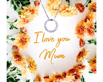 I Love You Mum Necklace - Silver and Zircon Crown Necklace with "I Love You Mum" Message Card