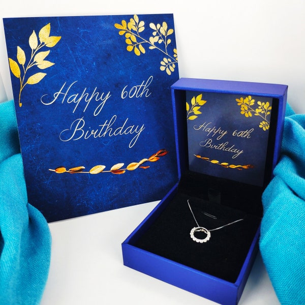 60th Birthday Gift For Her - Silver and Zircon Crown Necklace with Message Card "Happy 60th Birthday" - 60th birthday gifts for women
