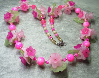 Bright Pink Bead And Lucite Flower Necklace