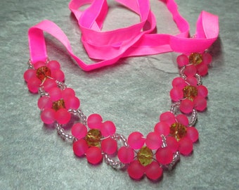 Bright Pink Frosted Glass Daisy Choker