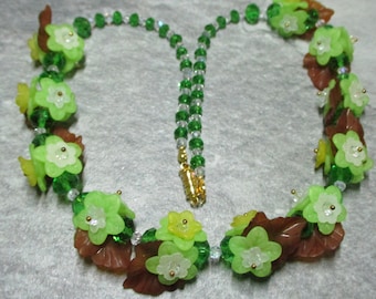 Green Crystal And Lucite Flower Necklace