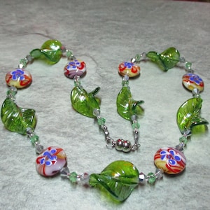 Green Glass Leaf And Lampwork Bead Necklace