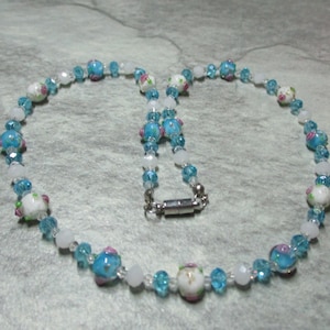 Small Blue Lampwork Beads And Crystal Necklace