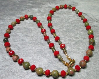 A Rich Necklace Of Unakite And Red Czech Crystal Beads