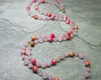 Long Necklace Of Pink Quartz And Peach Jade