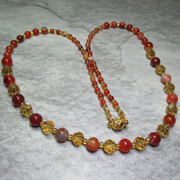 Orange Veined Agate And Crystal Beaded Necklace