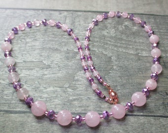 Necklace Of Rose Pink Quartz And Purple Czech Crystal Beads
