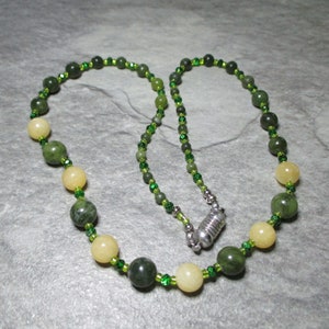 Yellow Jasper, Green Jasper And Green Czech Crystal Beaded Necklace