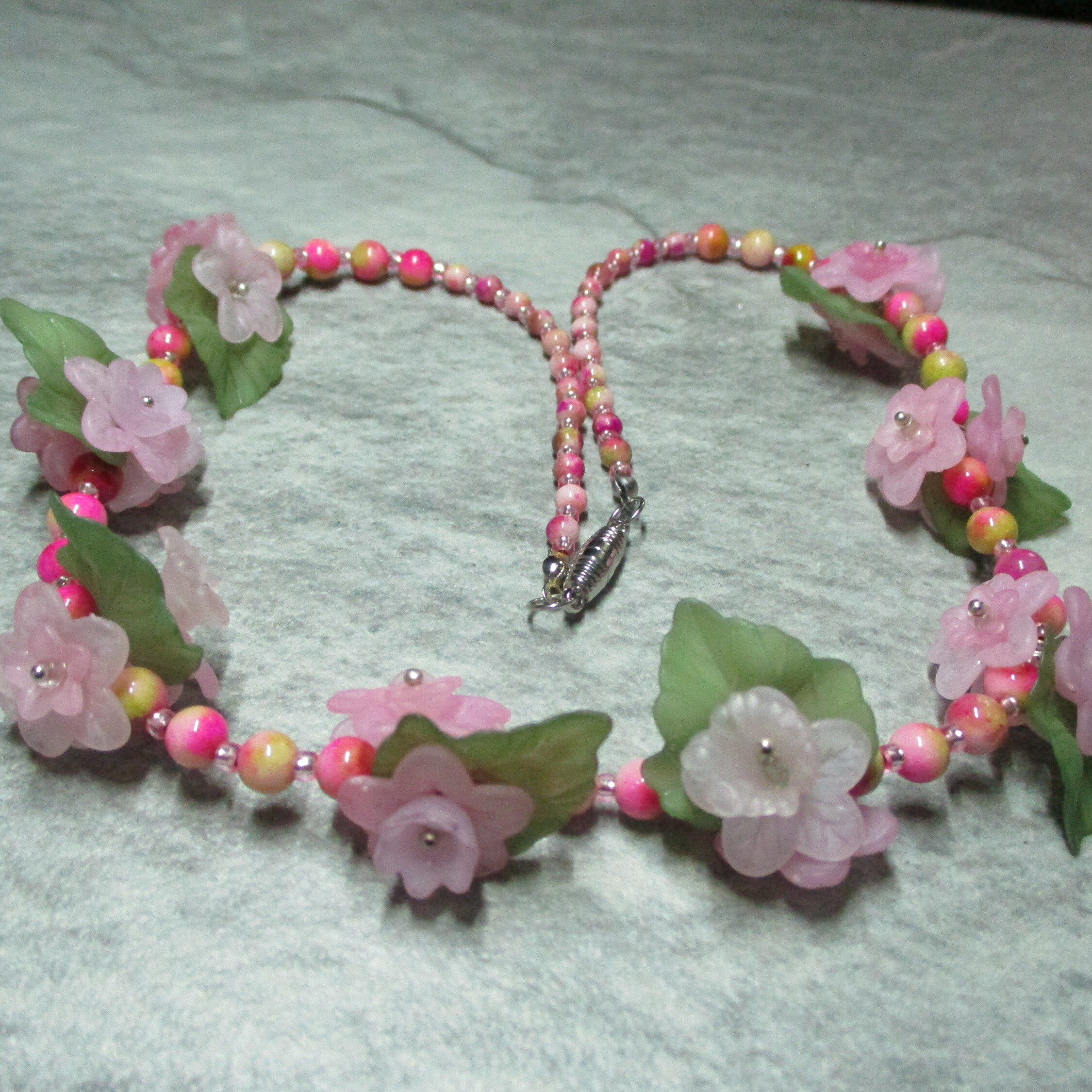 Pink Flower And Peach Jade Necklace