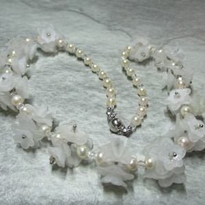 White, Pearl And Crystal Lucite Flower Necklace