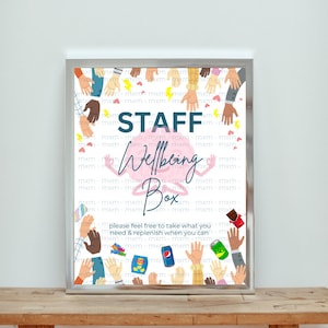Op de afbeelding: Een ingelijste print met de tekst "STAFF Wellbeing Box" in teal en roze, omringd door illustraties van handen en snacks. De tekst "please feel free to take what you need & replenish when you can" is ook opgenomen.