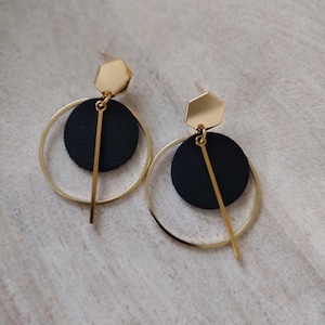 Geo Circle Earrings with Black Leather Accent