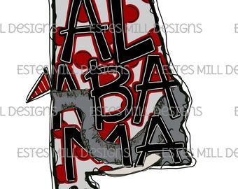 Könnte beinhalten: Grafik des Bundesstaates Alabama mit dem Wort "ALABAMA" in großen schwarzen Buchstaben. Der Hintergrund ist grau mit roten Punkten. Die Umrisse des Staates sind schwarz.