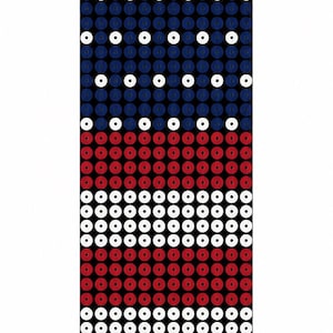 May include: A long, rectangular strip featuring a sequined pattern. The top section is dark blue with rows of white circular sequins. The bottom section consists of alternating horizontal stripes of red and white circular sequins throughout.