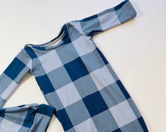 Knotted gown and hat, blue plaid newborn baby boy coming home outfit